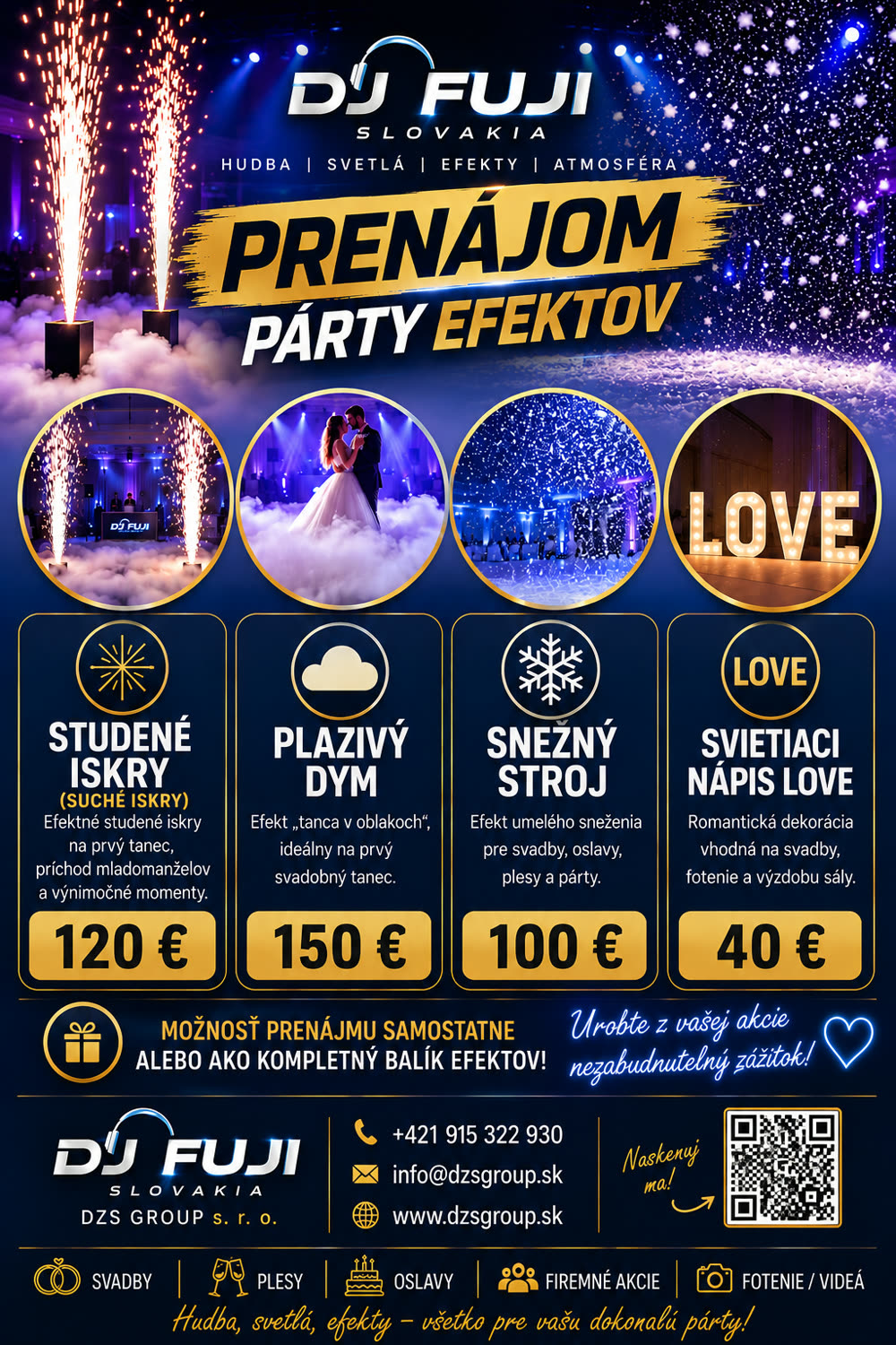 Prenájom párty efektov — studené iskry, plazivý dym, snežný stroj, svietiaci nápis LOVE